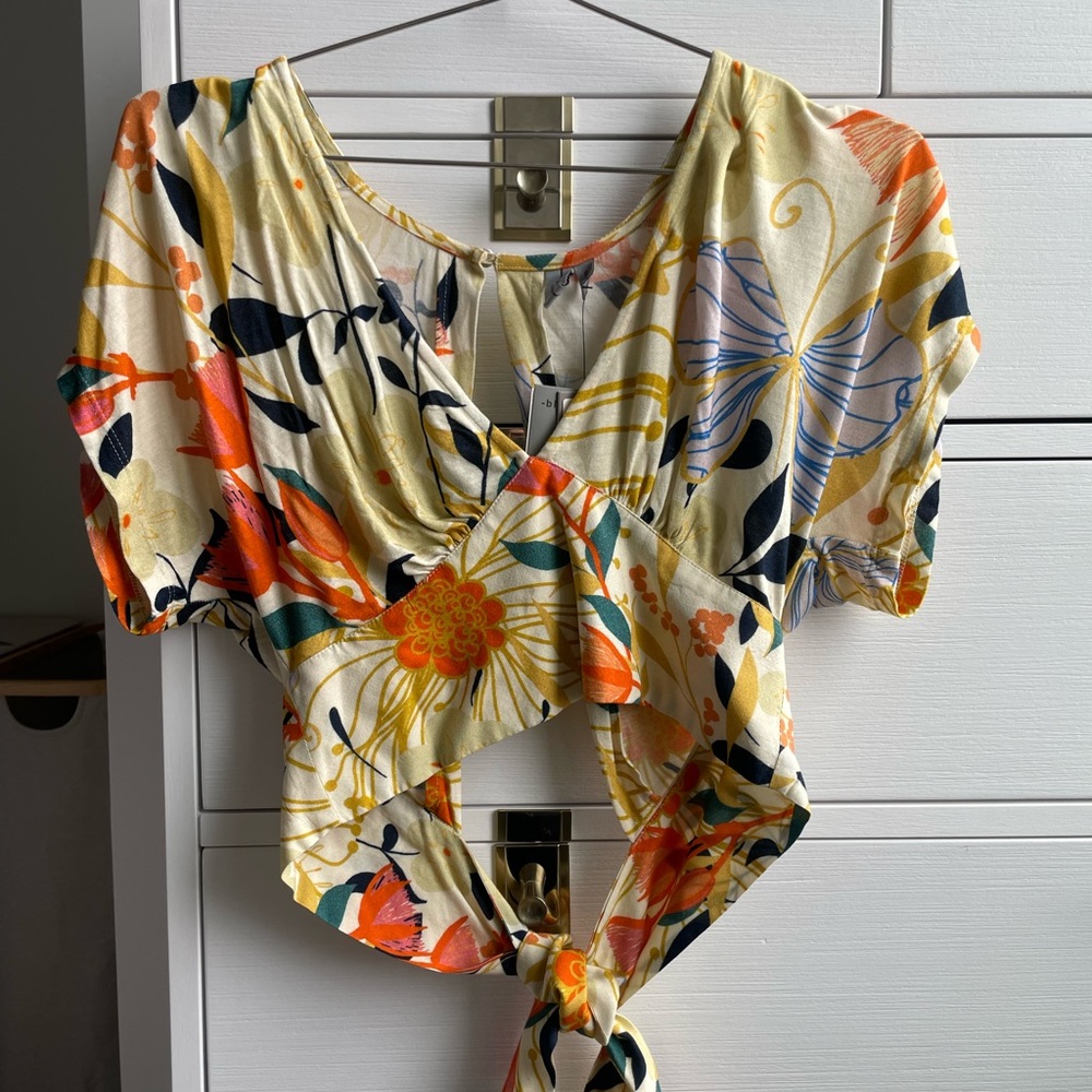 Blank NYC Yellow and Orange Puff Sleeve Wrap Blouse